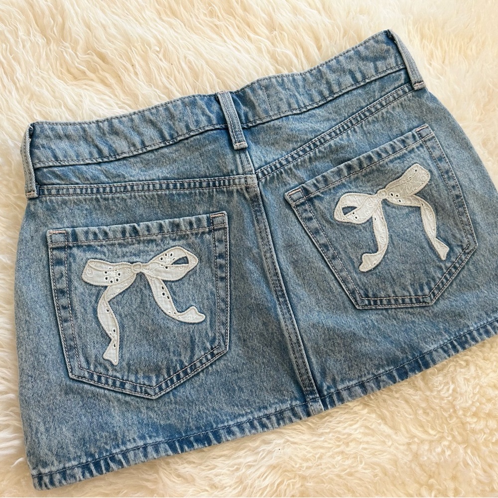 Hollister Blue Denim Mini Skirt with White Bow Details